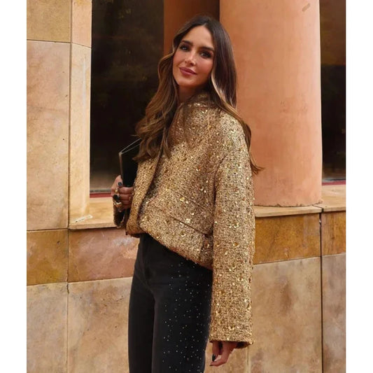 Jinia trendy sequins gold jacket for women 2024 loose stand collar long sleeve club jacket 2024 autumn office ladies outwear