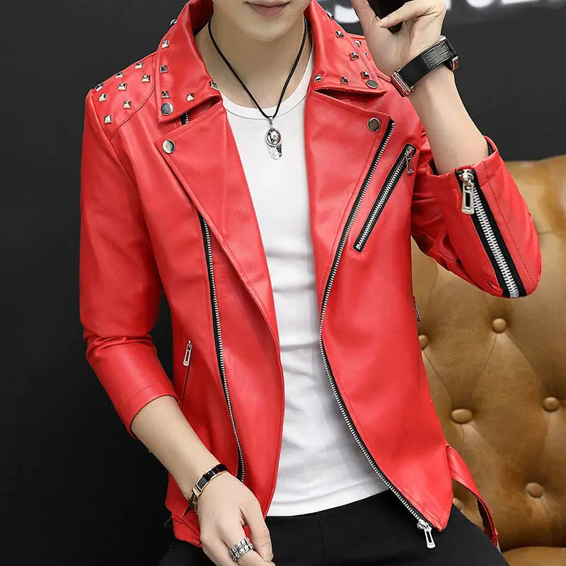2024 Autumn Men's Leather Jacket, Suit Collar Coat Slim Men's Short Motorcycle clothing