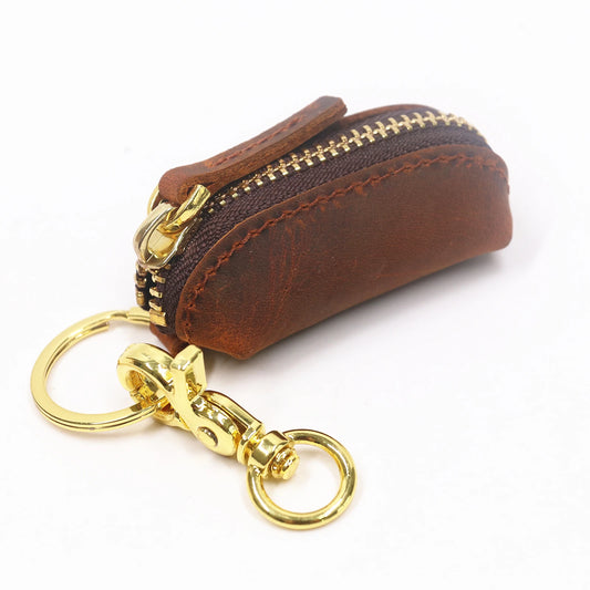 Genuine Leather Coin Pouch Keychain For Men Women Original Cowhide Handmade Small Zipper Coin Purse With Brass Key Chain Holder