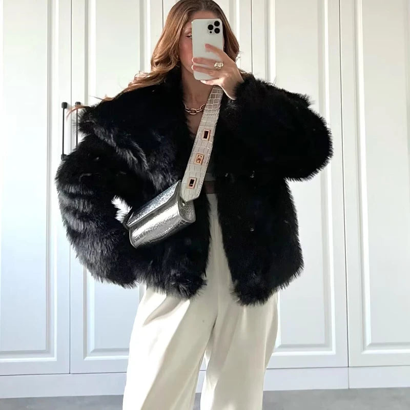 HXAO 2024 Women's Fur Coat Black Fluffy Jacket Autumn Winter Faux Fur Coat Plush Outerwears White Red Gray Warm Cropped Jacket
