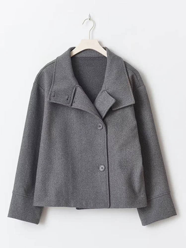 Solid Woolen Blend Casual Coat Women Stand Collar Long Sleeve Single Breasted Fashion Jacket Autumn Lady High Street New Outwear