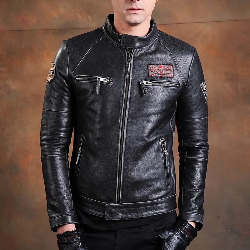 Fashion Biker Jackets Vintage Men's Genuine Leather Jacket Slim 100% Natural Cowhide Coat Real Leather Motorcycle Biker Clothing