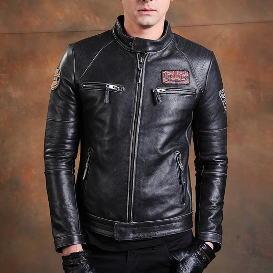 Fashion Biker Jackets Vintage Men's Genuine Leather Jacket Slim 100% Natural Cowhide Coat Real Leather Motorcycle Biker Clothing