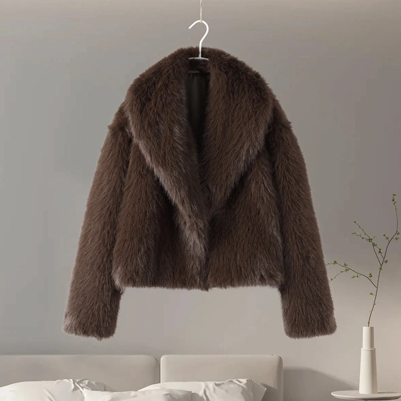 Brown Lapel Faux Fur Short Coat Women Fluffy Long Sleeve Warm Thick Loose Jacket 2025 Autumn Winter Lady High Street Outwear ﻿
