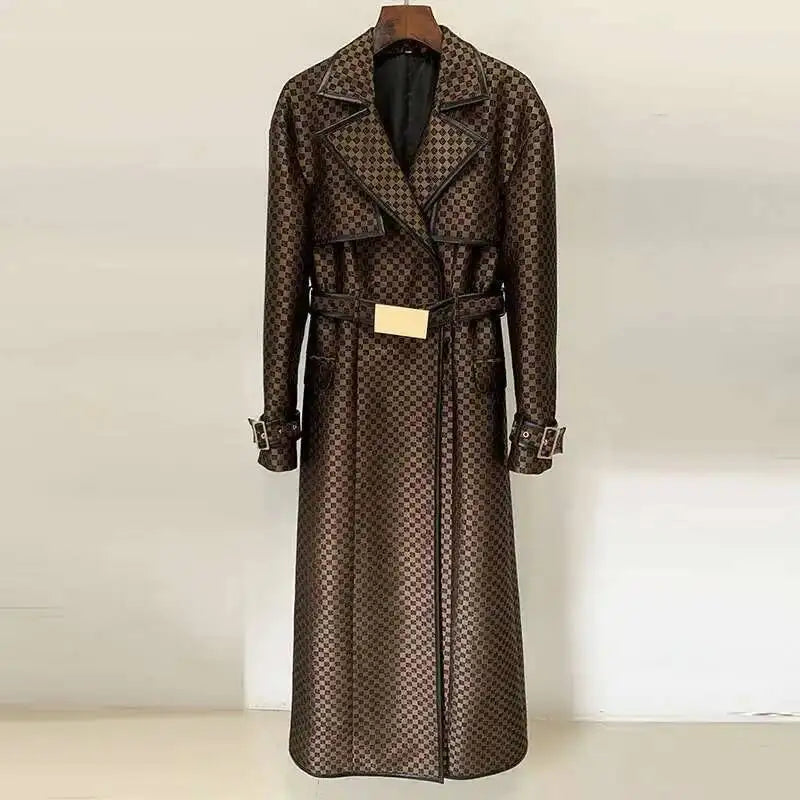 IEQJ Women's Belt Jacquard Maze Pattern Extended Windbreaker Polka Dot 2025 Winter New Turndown-collar Femal Overcoat 3WM3792