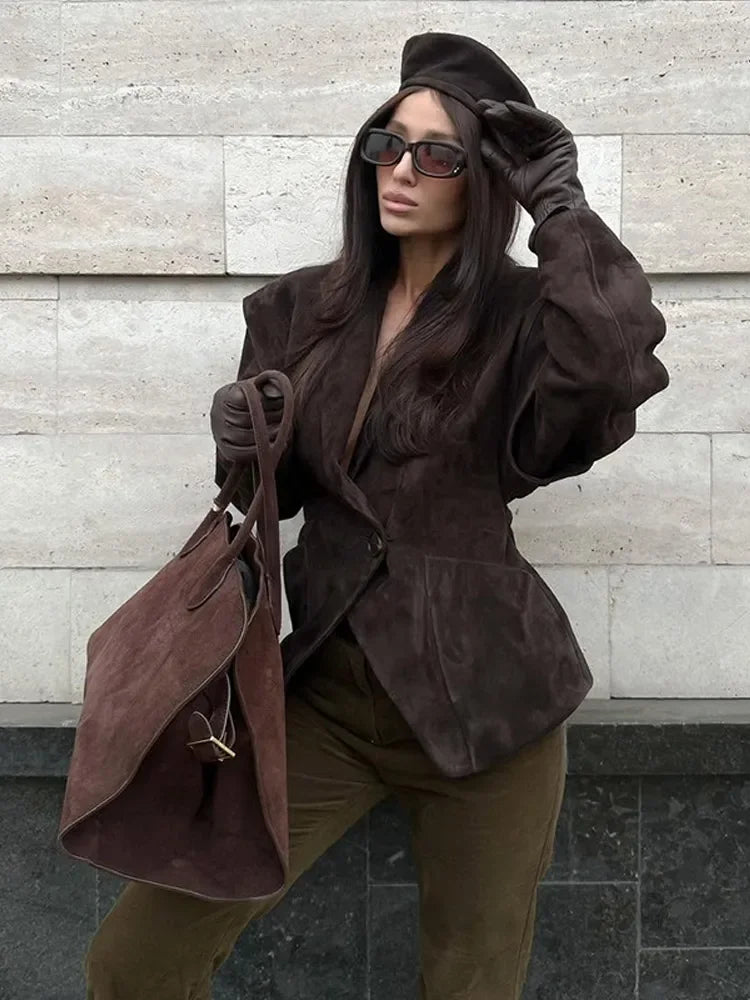 Retro Solid Leather Lapel Jackets Women's Fashion Shoulder Pad Full Sleeve One Button Pocket Coat Autumn New High Street Outwear