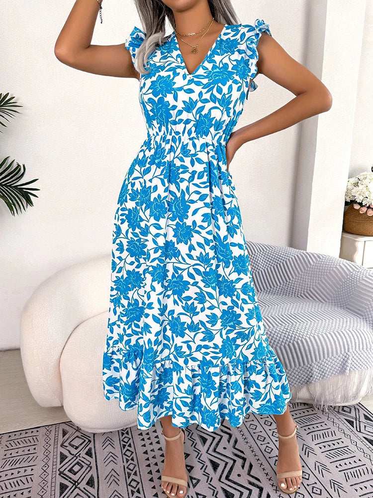 Summer Floral Midi Dresses For Women Casual Sleeveless Ruffle Holiday Beach Dress Fashion White V Neck New In Dresses 2023