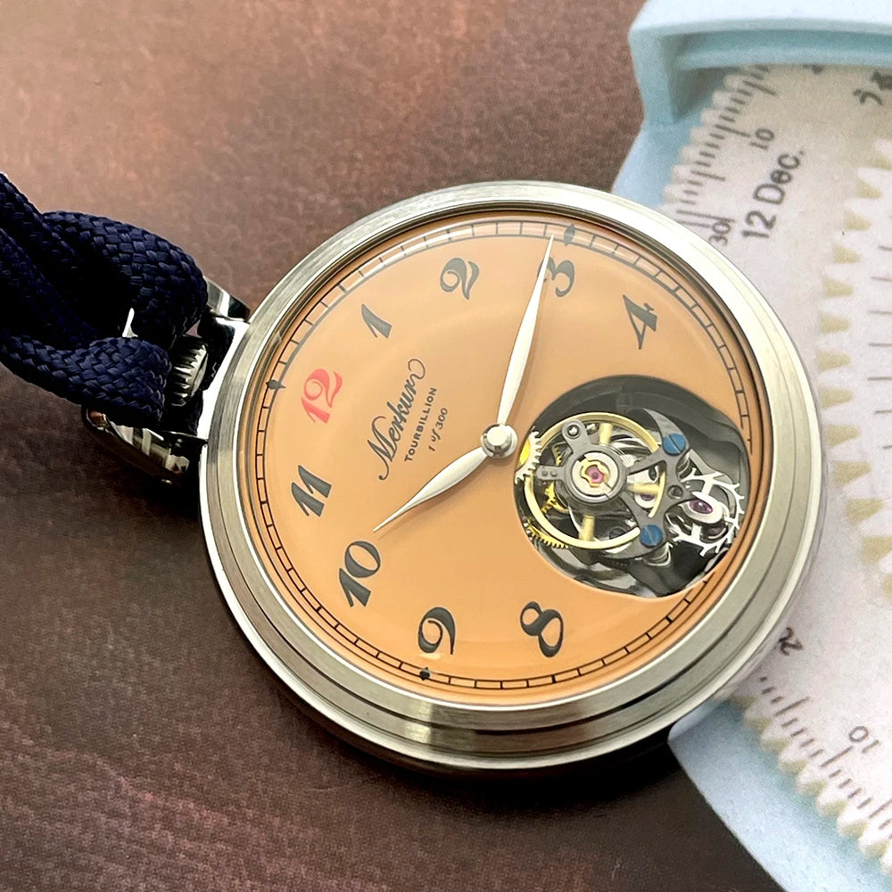 Merkur True Tourbillon Vintage Pocket Watch Salmon Enamel Dial Men's Manual Mechanical Watch 42mm NEW Waterproof