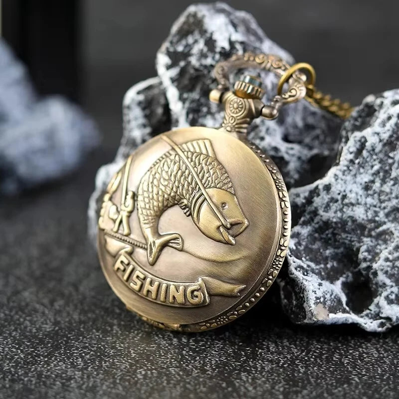 Vintage Bronze Fishing Pattern With Necklace Pendant Quartz Pocket Watch Gift Clock For Men Mlae Women Kids Relogio Saati