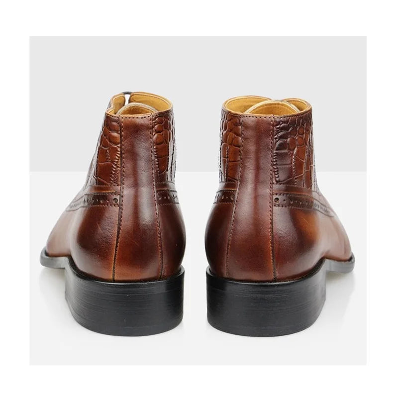 Fashion High Ankle Boots For Men Genuine Leather Luxury Printing Business Dress Shoe Pointed Toe Retro Classic Brown Male's Boot