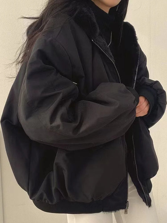 Korean Version Plush Thickened Double-sided Lamb Wool Cotton Coat Women's Winter Loose Solid Color Zipper Hooded Jacket 2020 New