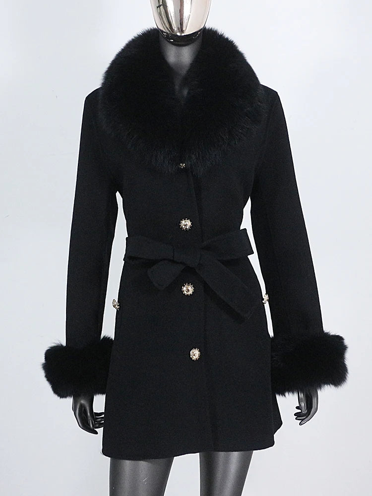 2022 Winter Jacket Women Real Fur Coat Natural Fox Fur Collar Cuffs Belt Cashmere Wool Woolen Warm Outerwear Fashion Streetwear