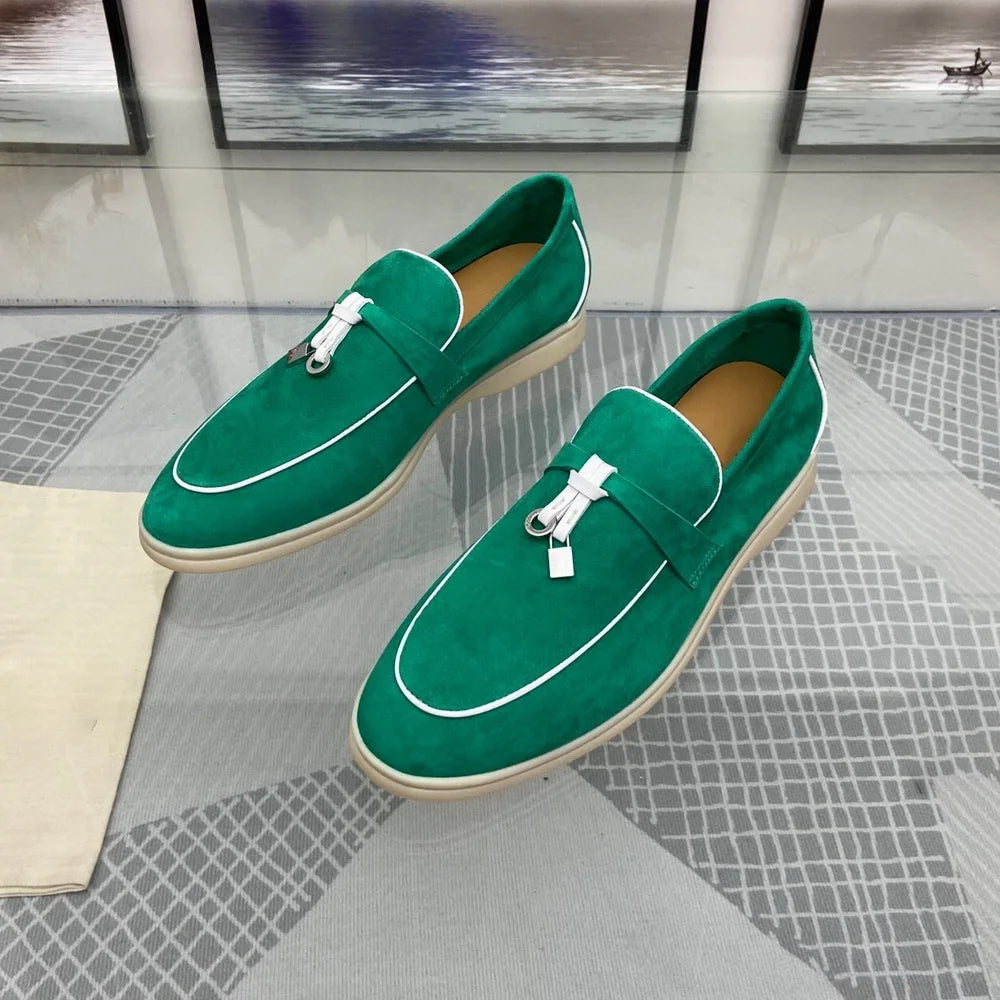 2025 Men's Flat Loafer Summer Top Quality Suede Leather Tassel Metal Buckle Pink Slipper Mules Comfortable Slip on Shoes