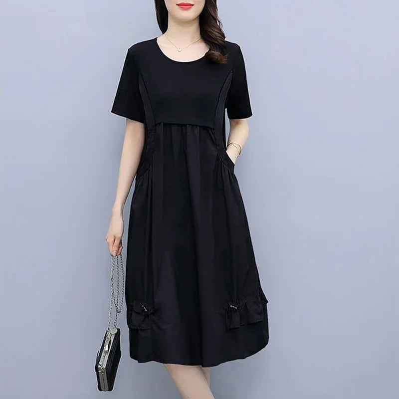Fashion O-Neck Spliced Loose Folds Shirring Midi Dress Women's Clothing 2023 Summer New Oversized Fake Two Pieces Casual Dresses