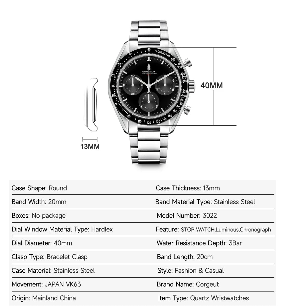 CORGEUT 40mm Vk63 Quartz Movement Watch Man Waterproof High Quality Luxury Mineral Glass Time Running Second Glow Watchs