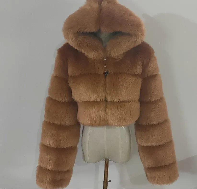 Fashion Warm Faux Fur Thicken Coat For Women Vintage Long Sleeve Hooded Short Female Jackets Autumn Winter Chci Lady Streetwear