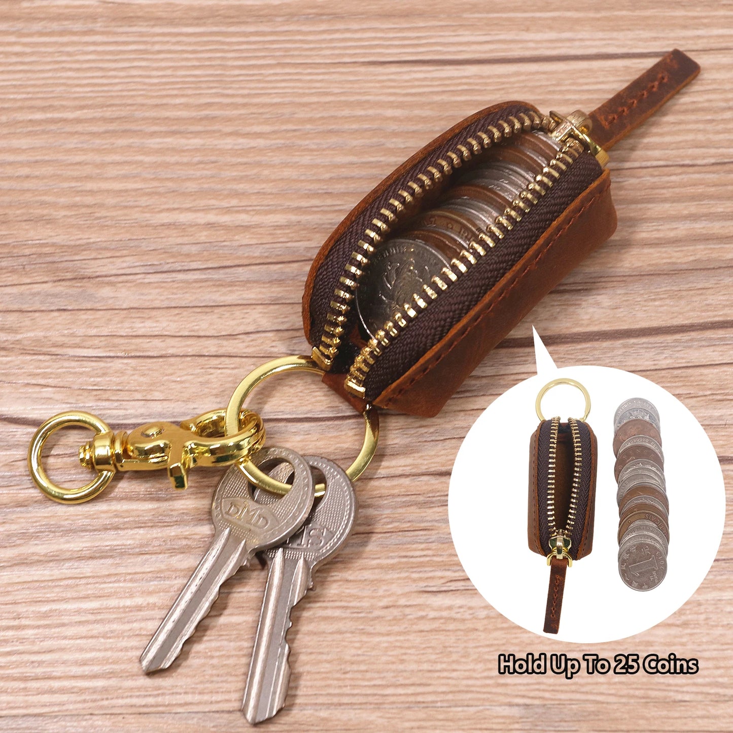 Genuine Leather Coin Pouch Keychain For Men Women Original Cowhide Handmade Small Zipper Coin Purse With Brass Key Chain Holder