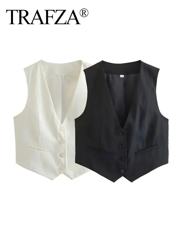 TRAFZA Women Fashion Front Buttons Vest Cropped Waistcoat Vintage V Neck Sleeveless Vests Female Outerwear Chic Tops