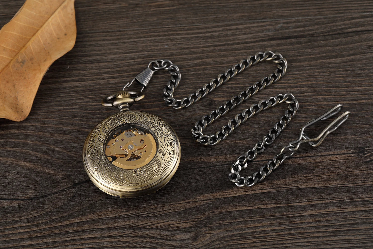 Vintage Luxury Gold Carving Automatic Mechanical  Pocket Watch for Men Engraved Golden Case Fob Chain Clock for Collection