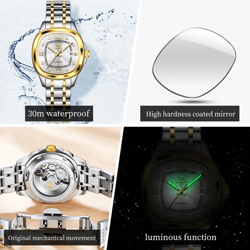 OLEVS 9810 Women Watch Automatic Mechanical Watch Simple Roman Scale Square Diamond Women Watch Waterproof Calendar Dress Watch