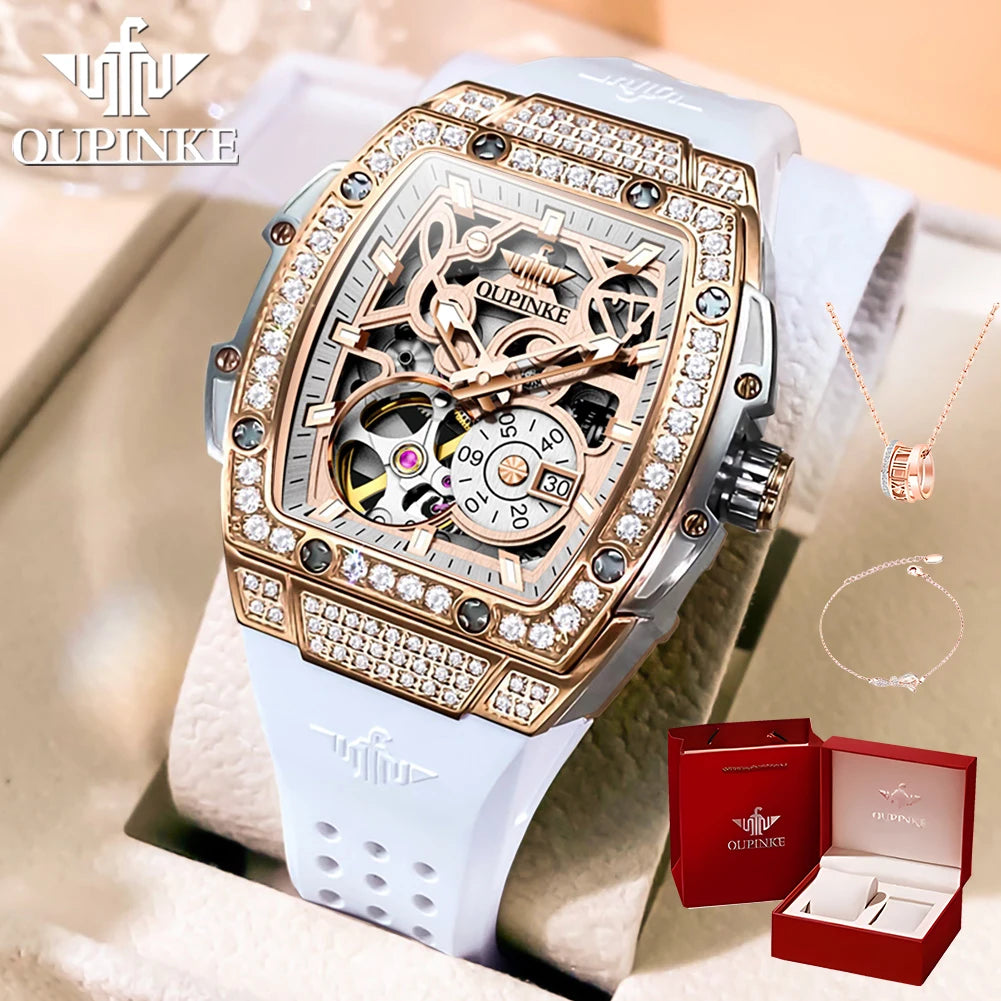 OUPINKE 3220 Women's Watch Flywheel Skeleton Mechanical Watch For Women Luxury Silicone Strap Wristwatch Sapphire Mirror Clock