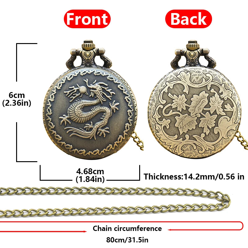 Vintage Bronze Clamshell Chinese Dragon Carved Necklace Quartz Pocket Watch Gifts Are Common For Male And Female Students