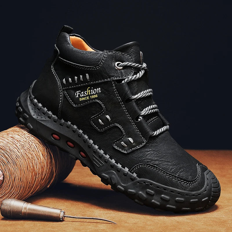 Microfiber Leather Men Boots Outdoor Sports Non-slip High-top Hiking Shoes for Men Optional Plush Winter Ankle Boots Big Size