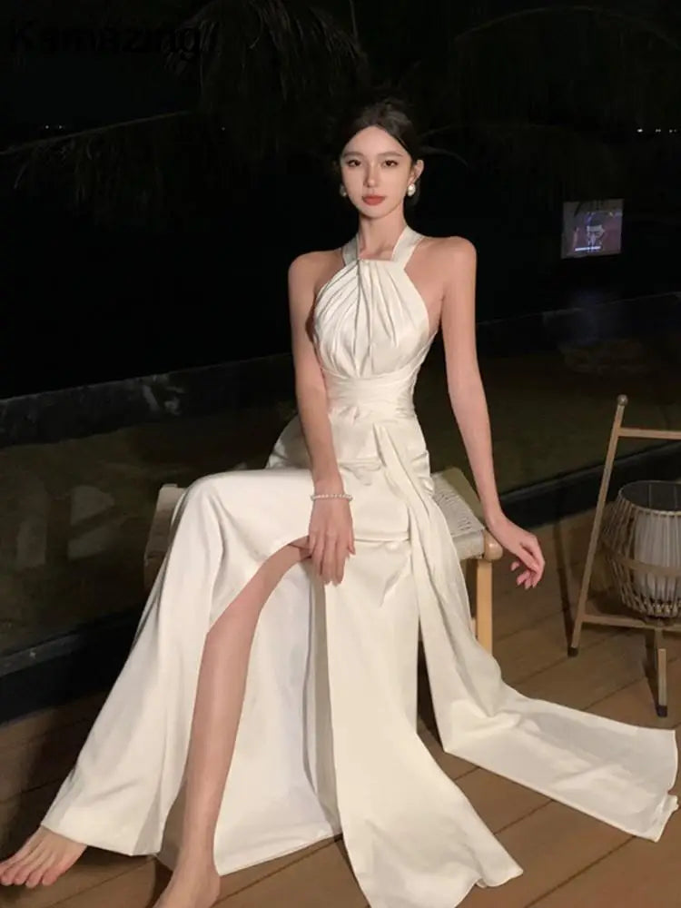 Elegant Sexy Backless Solid Long Dress Birthday Evening Party Halter Designer White Robe Summer Women Fashion Wedding Vestidos
