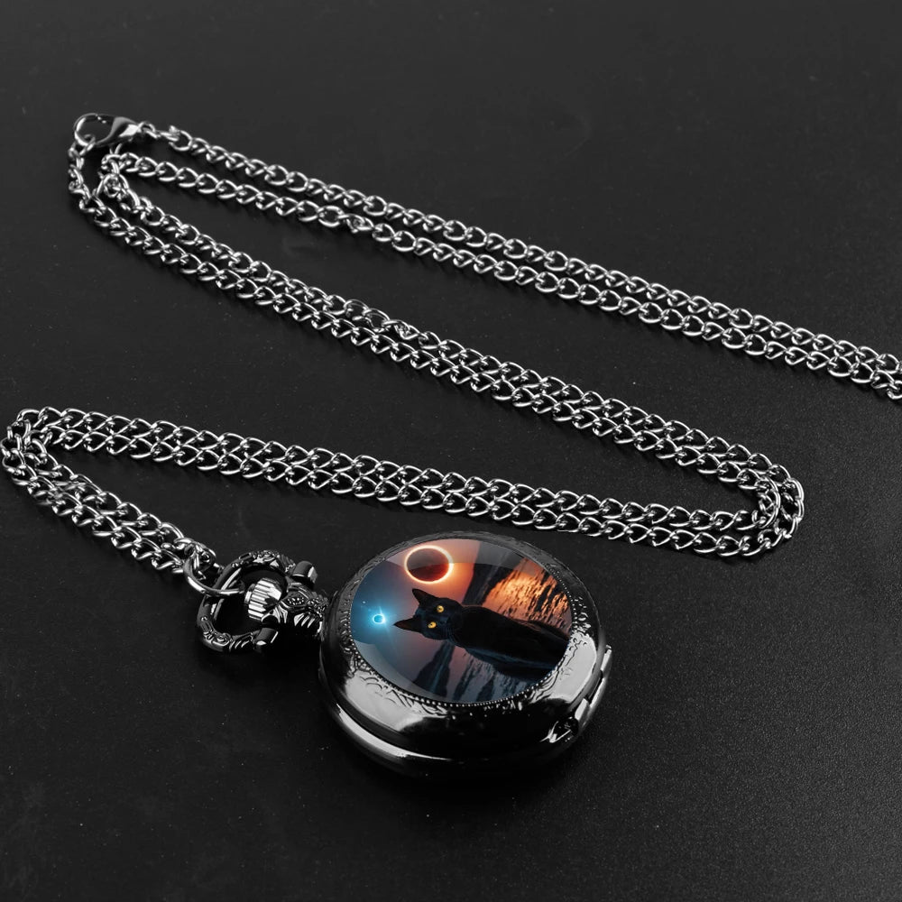 Halloween Black Cat Design Glass Dome Fashion Arabic Numerals Quartz Pocket Watch Necklace Pendant Chain Mens Women Gifts
