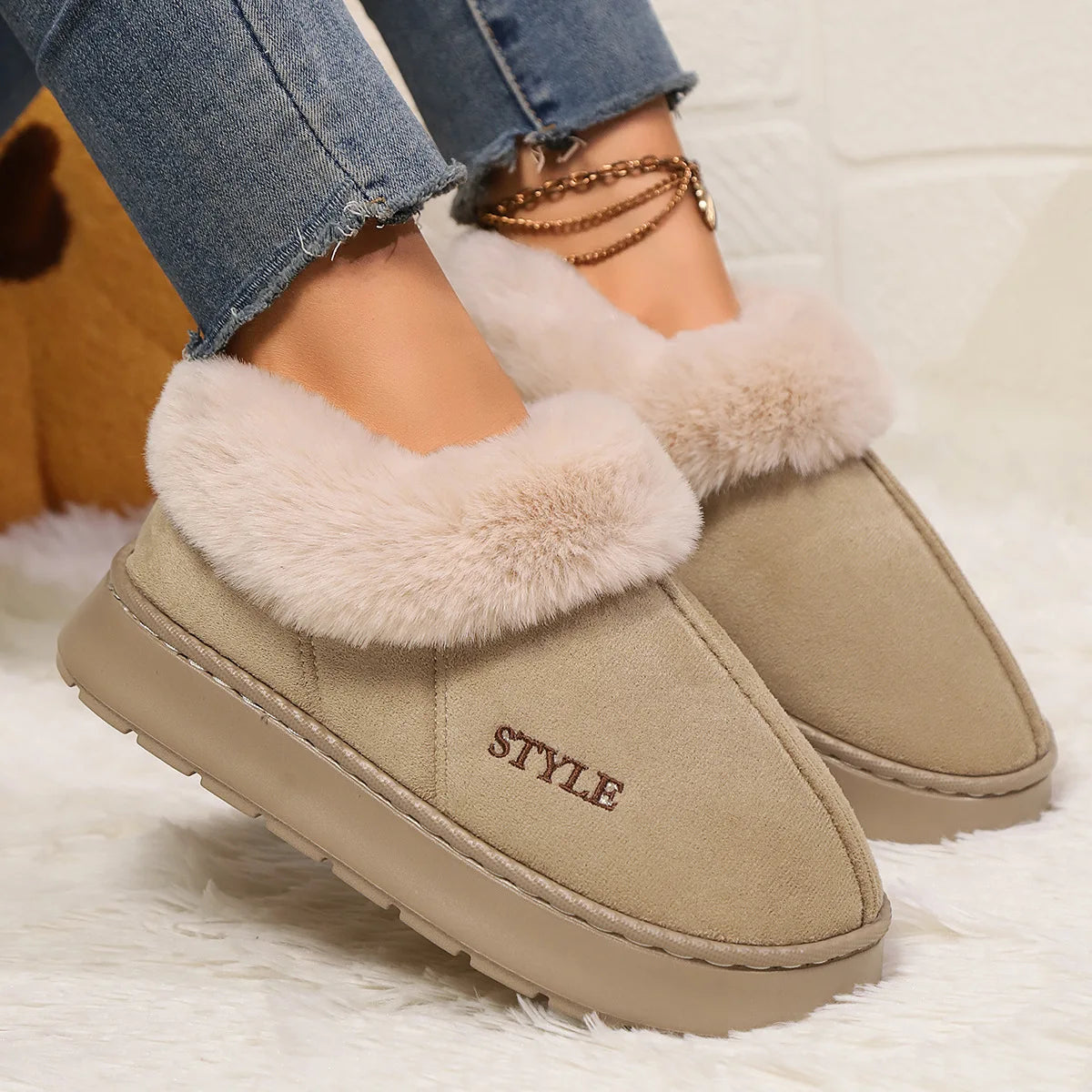 Women's Winter Fur Shoes Male Ankle Boots Platform Slippers Home Warm Fashion Outdoor Basis Thick Wool Wool Short Boots