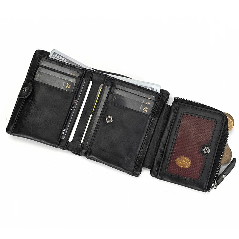 Leather Men‘s Short Wallet Hasp Genuine Leather Unisex Zipper Coin Clutch Purse Cowhide Card Holder Trifold Man wallets