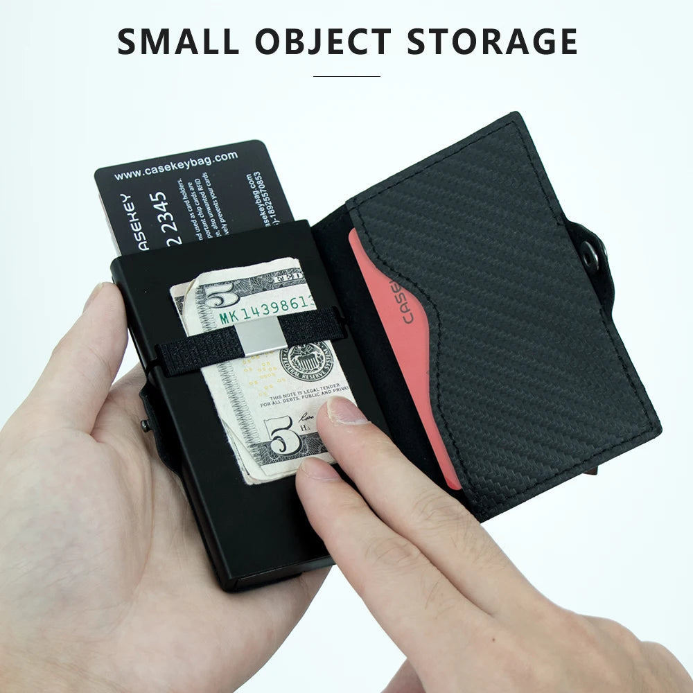 Casekey Real Carbon Fiber Leather Wallet Slim Rfid Blocking Pop Up Card Holder With Zipper Pocket Small Money Bag Male Purses