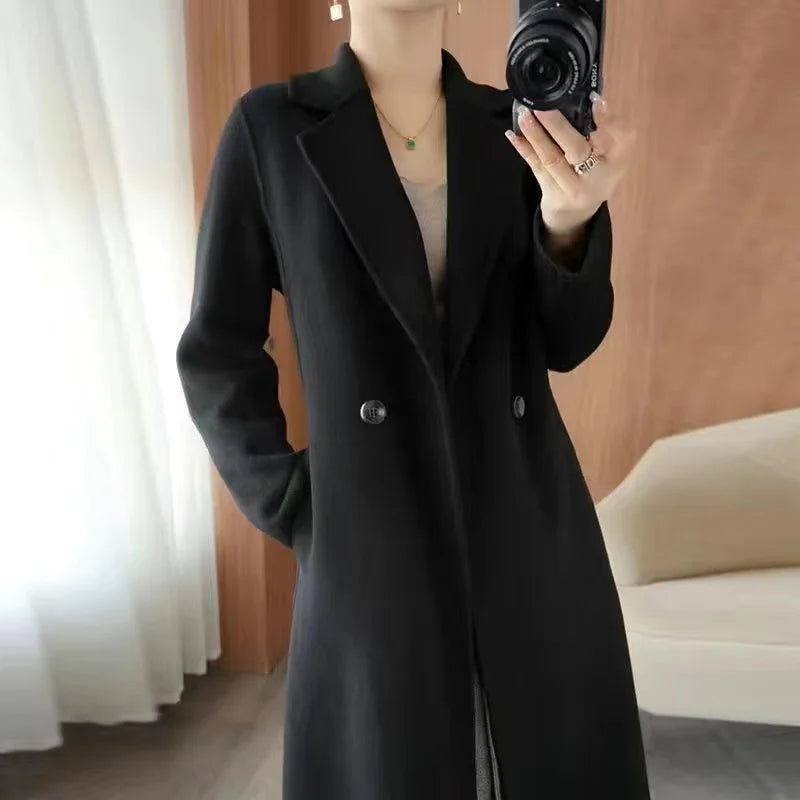 2024 Autumn 100% Double Sided Cashmere Coat Women's Winter New Slim Temperament Wool Coats Solid Casual Female Long Overcoat