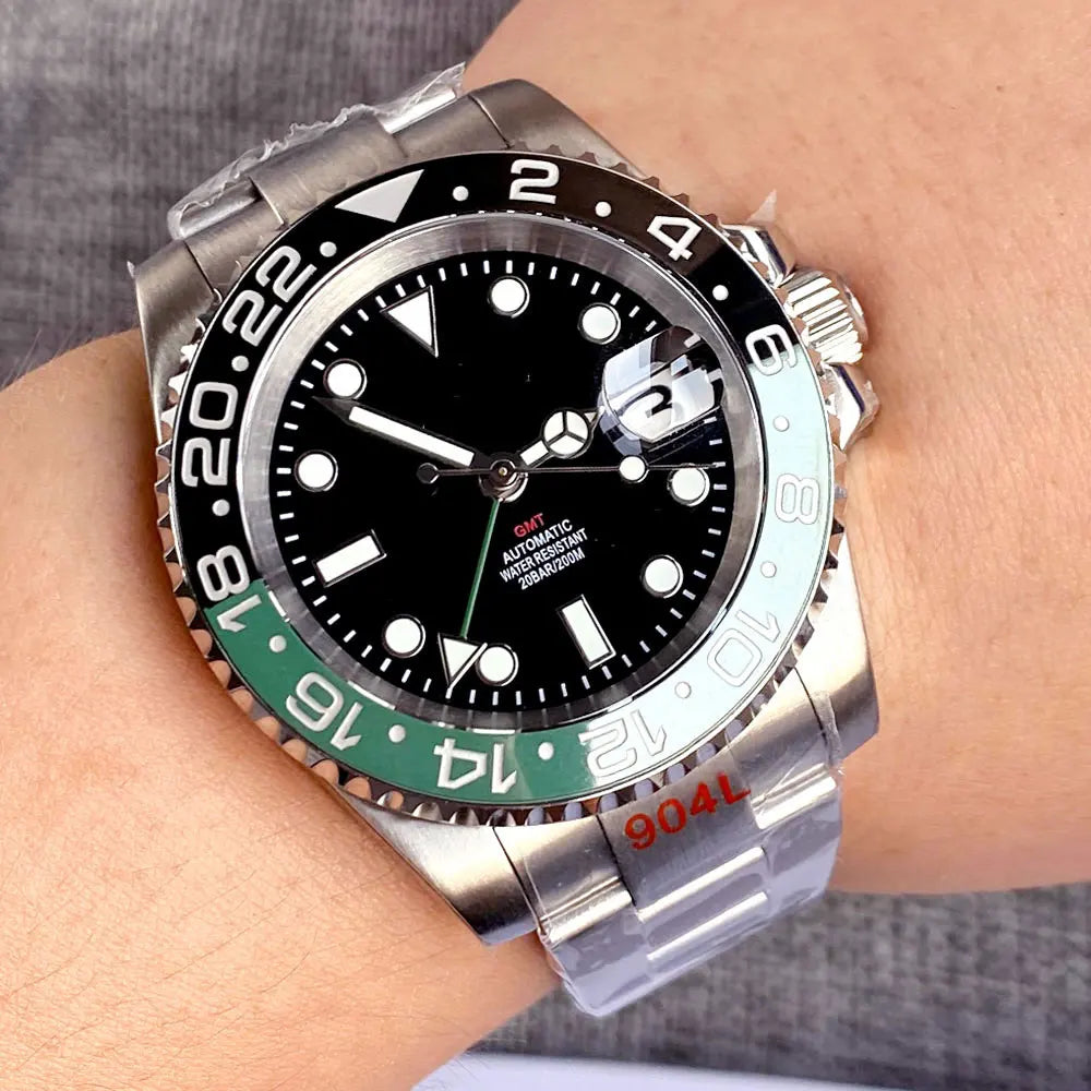 Tandorio 40mm NH34A Men's Automatic Watch GMT Function Luminous Black Dial Sapphire Crystal Auto Date Bracelet Rotating Bezel