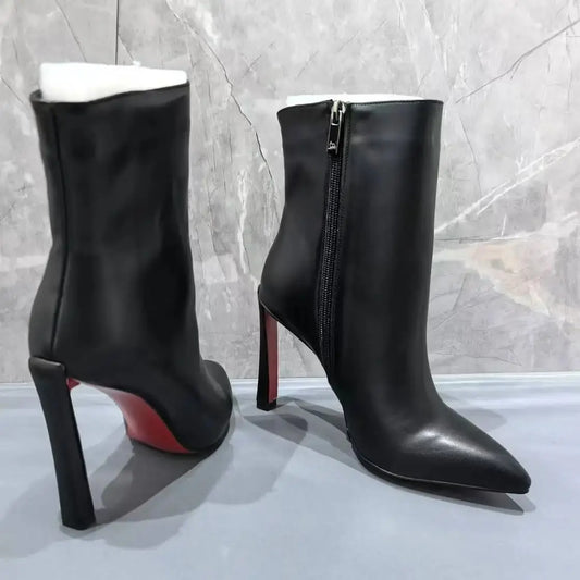 Pointed Toe Black Leather Botas De Mujer Red Sole Mid-Calf Boots For Women Back Zipper Office Lady Career Shoes Female High Heel