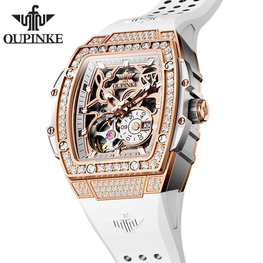 OUPINKE 3220 Women's Watch Flywheel Skeleton Mechanical Watch For Women Luxury Silicone Strap Wristwatch Sapphire Mirror Clock