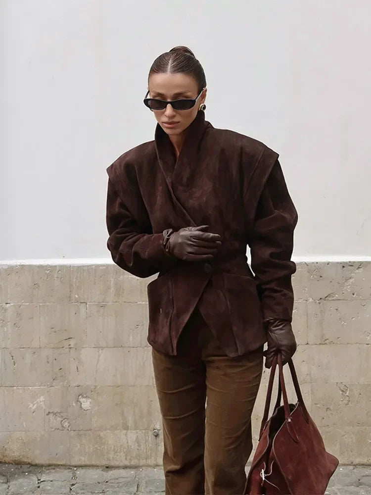 Retro Solid Leather Lapel Jackets Women's Fashion Shoulder Pad Full Sleeve One Button Pocket Coat Autumn New High Street Outwear