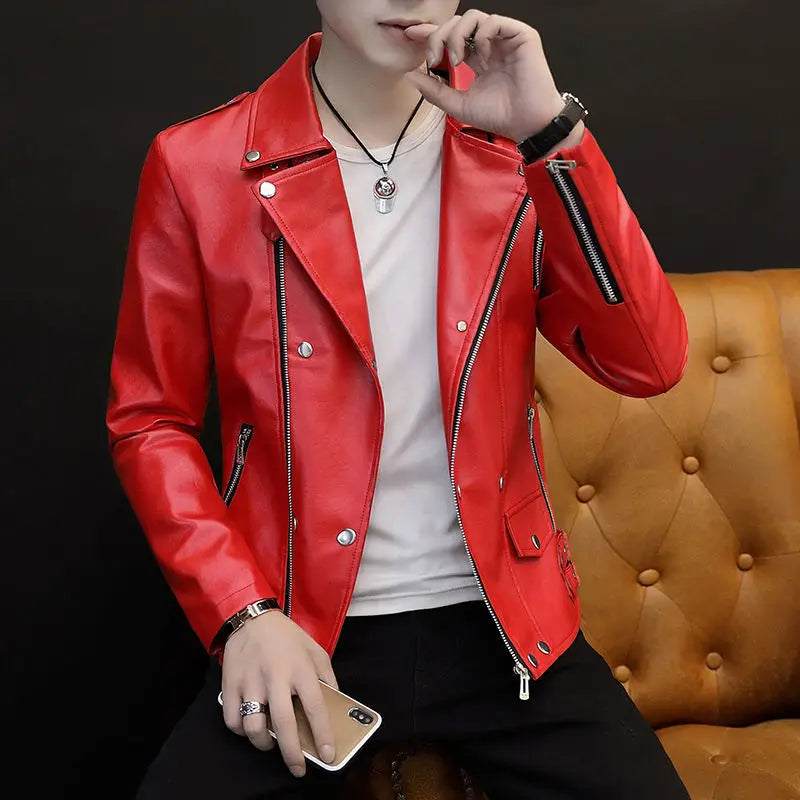 2024 Autumn Men's Leather Jacket, Suit Collar Coat Slim Men's Short Motorcycle clothing
