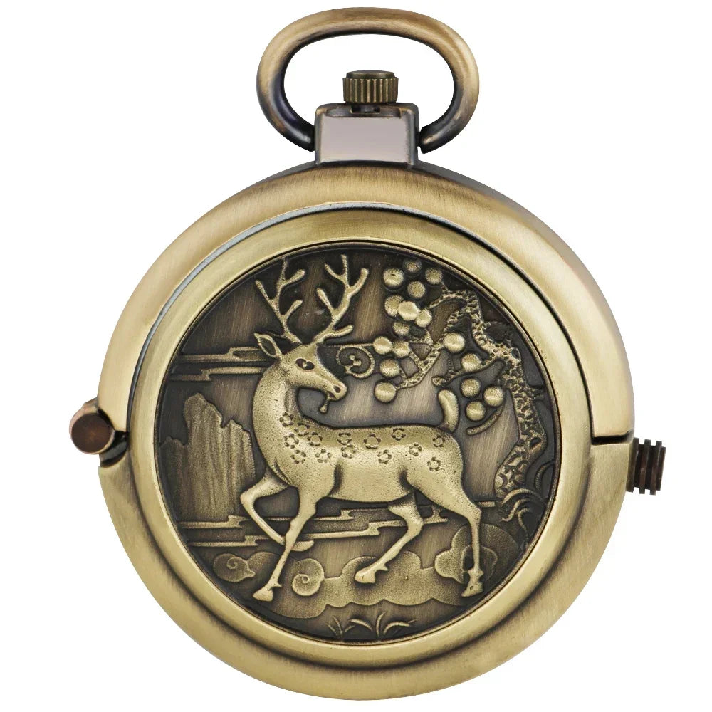 Bronze Elk Manual Mechanical Pocket Watch Roman Numerals Skeleton Dial Pendant Clock  Casual Fashion Gifts for Women Men Relógio