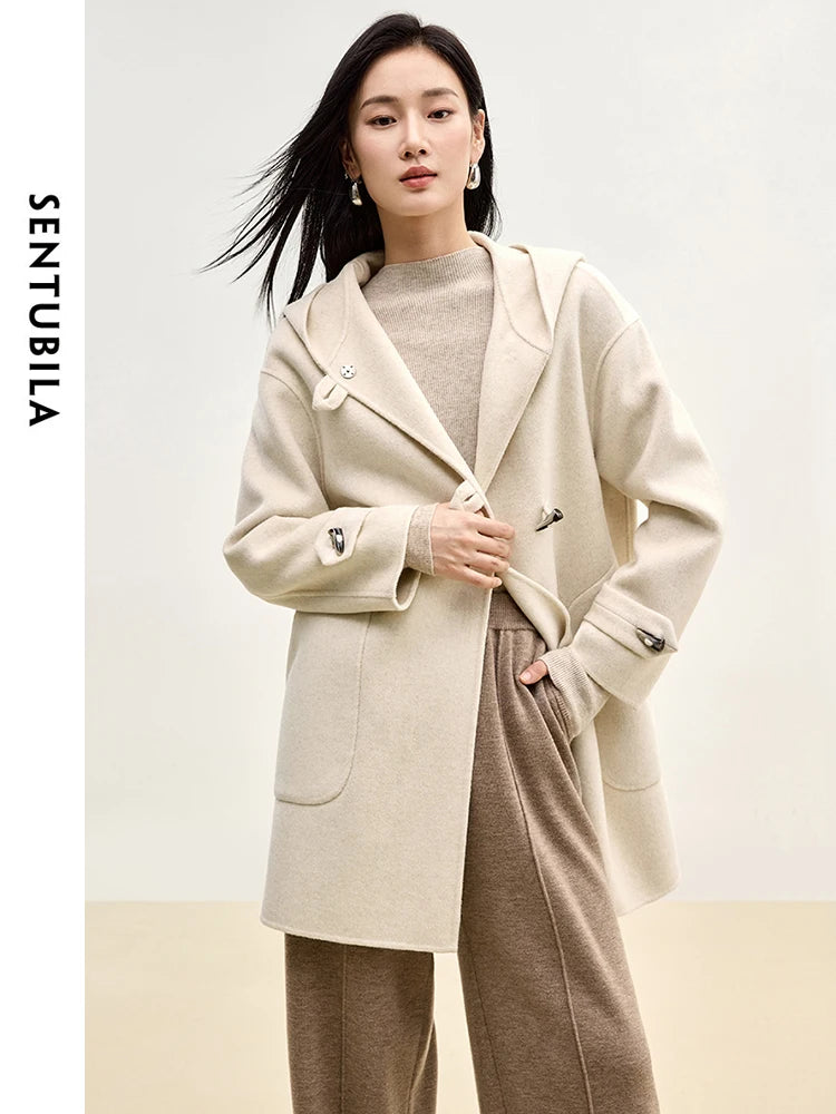 SENTUBILA Double Sided 100% Woolen Coat 2025 Winter Mid-length Straight Bull Horn Buckle Female Hooded Outwear W44O55979