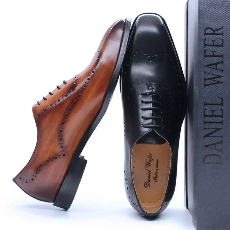 British Men's Business Dress Shoes Carved Block Fashion Small Square Head Polished Handmade Genuine Leather Oxford Shoe for Men