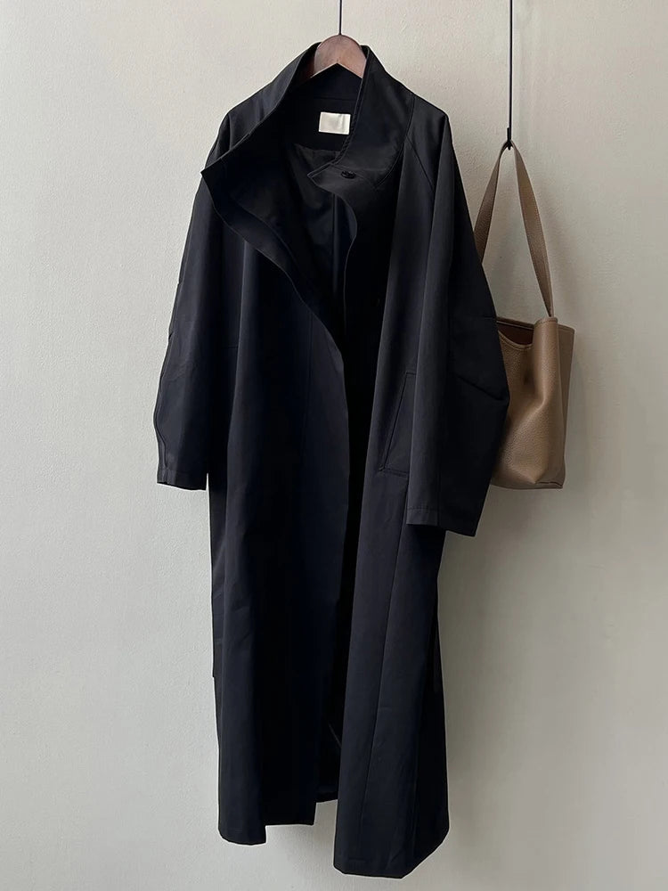 FANAN Office Lady Belt Gathered Waist Trench Women's Stand Neck Single Breasted Fashion Windbreaker Female Coats 2025 Spring New