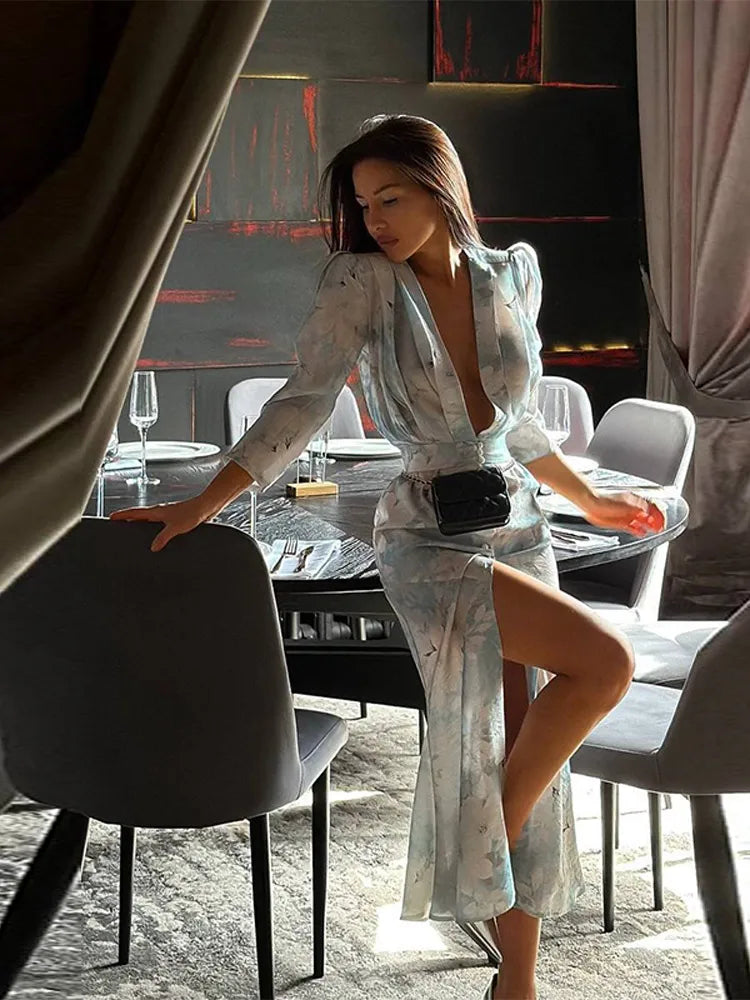 Print Long Dress For Women Deep V-neck Puff Sleeve Single Breasted Front Split Robes 2025 Summer Elegant Female Party Dresses