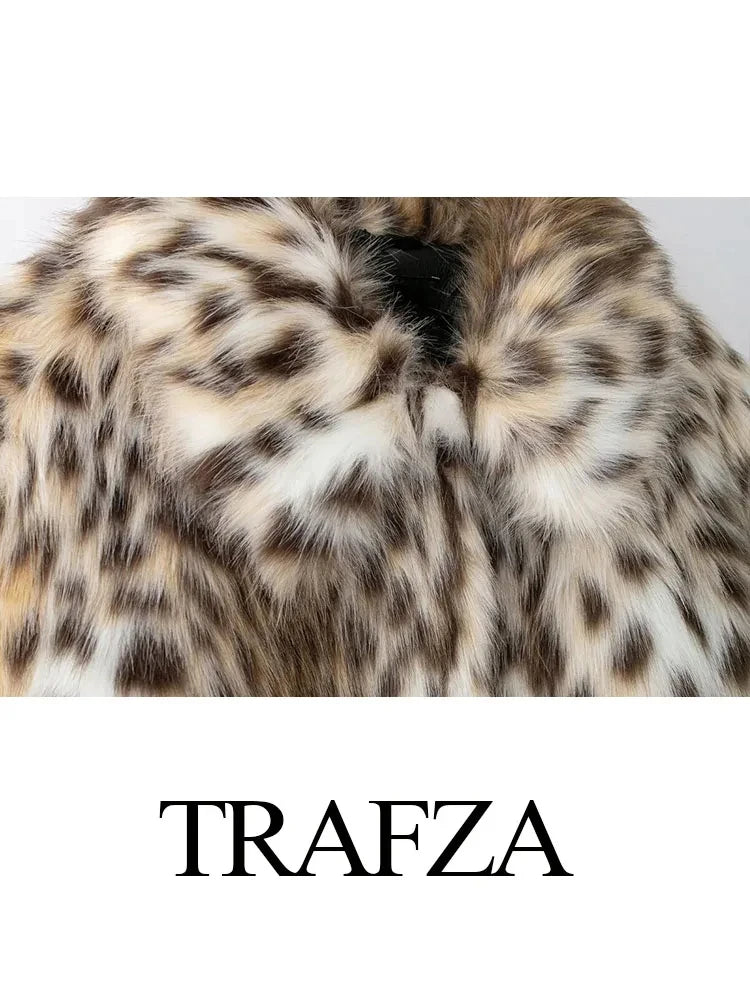 TRAFZA Winter Woman Leopard Print Lapel Faux Fur Loose Coat Pockets Fashion Long Sleeves Fuzzy Jacket Female Warm Outerwear