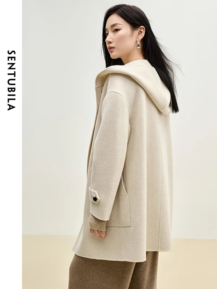 SENTUBILA Double Sided 100% Woolen Coat 2025 Winter Mid-length Straight Bull Horn Buckle Female Hooded Outwear W44O55979