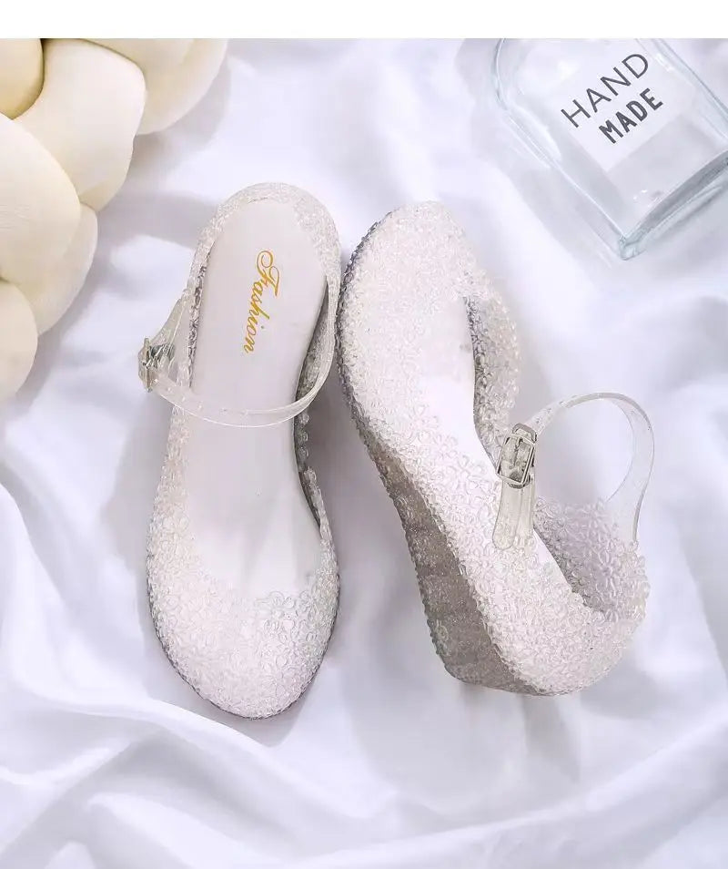 Women's Summer New Baotou Hollow Wedges Crystal Jelly Sandals Soft Sole Non Slip Breathable Buckle Strap Outdoor Beach Sandals