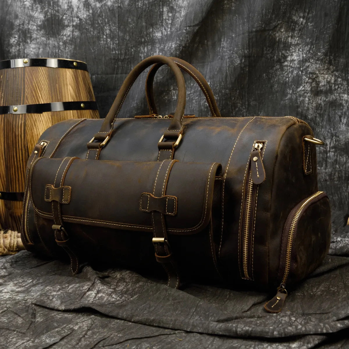 Genuine Leather Men's Travel Bag with Shoe Pocket Retro Crazy Horse Leather Big Capacity Luggag Bag Business Trip Handbag