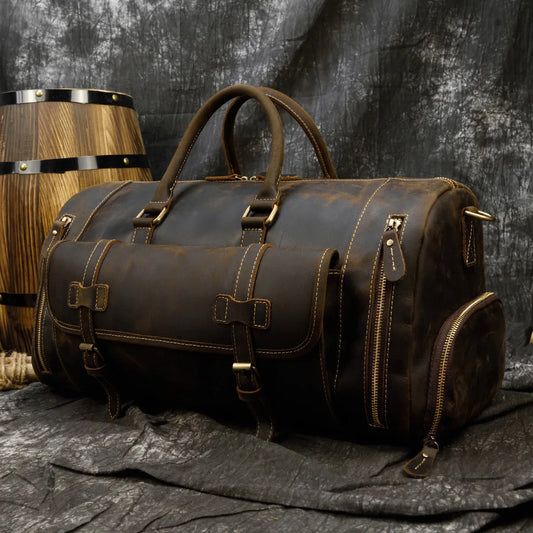 Genuine Leather Men's Travel Bag with Shoe Pocket Retro Crazy Horse Leather Big Capacity Luggag Bag Business Trip Handbag