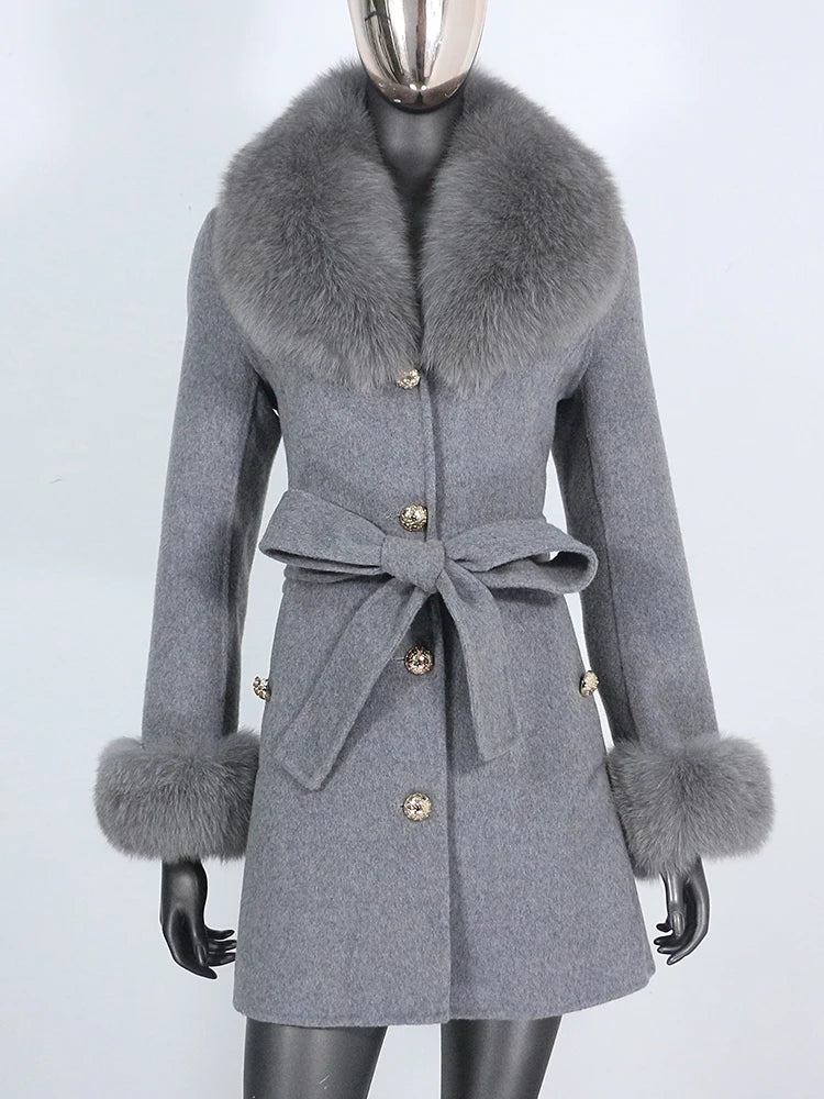 2022 Winter Jacket Women Real Fur Coat Natural Fox Fur Collar Cuffs Belt Cashmere Wool Woolen Warm Outerwear Fashion Streetwear
