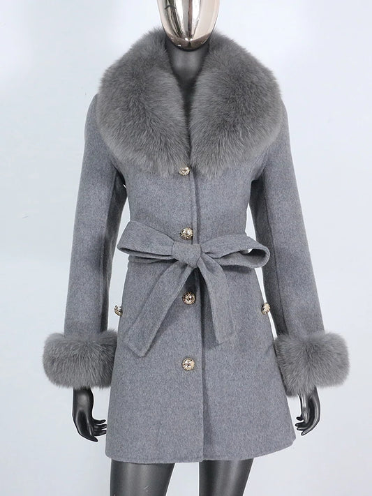 2022 Winter Jacket Women Real Fur Coat Natural Fox Fur Collar Cuffs Belt Cashmere Wool Woolen Warm Outerwear Fashion Streetwear